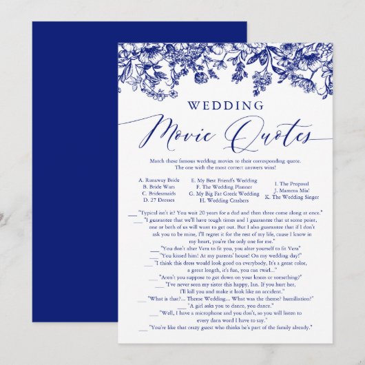 Navy Blue Floral Wedding Film QuoteS Bruidsspel Kaart (Voorkant / Achterkant)