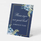 Navy Blue Floral Wedding Guest Book Pedestal Sign Reclamebord Met Voetstuk (Voorkant)