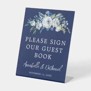 Navy Blue Floral Wedding Guest Book Pedestal Sign Reclamebord Met Voetstuk