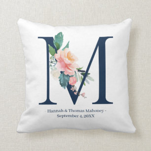 Navy Blue Floral Wedding Monogram Pillow   M Kussen