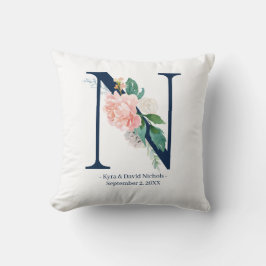 Navy Blue Floral Wedding Monogram Pillow | N Kussen