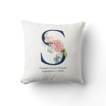 Navy Blue Floral Wedding Monogram Pillow | S
