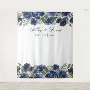 Navy Blue Floral Wedding Photo Booth-achtergrond Wandkleed