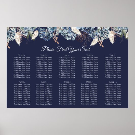 Navy Blue Floral Wedding Seating Chart Poster (Voorkant)