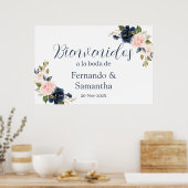 Navy Blue Floral Wedding Spaans Welkomstbord Poster (Keuken)