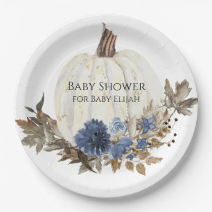 Navy Blue Floral White Pumpkin Baby Shower Papieren Bordje