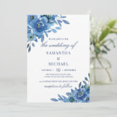 Navy blue floral winter romantische bruiloft kaart (Staand voorkant)