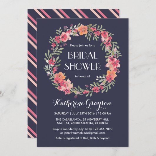 Navy Blue Floral Wreath Bridal Shower Kaart (Voorkant / Achterkant)