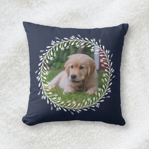 Navy Blue Floral Wreath Puppy Dog Foto Kussen