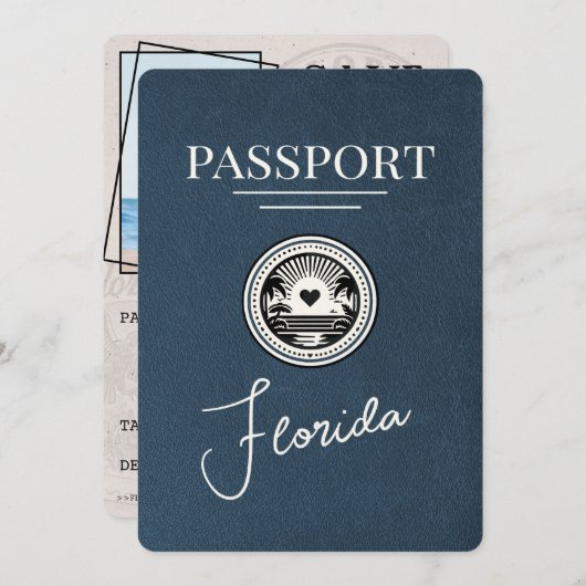 Navy Blue Florida Passport Bewaar de datum Save The Date (Voorkant / Achterkant)