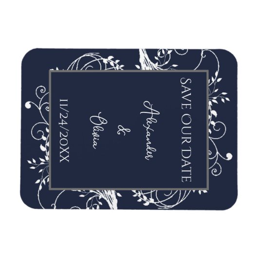 Navy Blue Flourish Save the Date Magnet Magneet (Horizontaal)