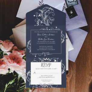 Navy Blue Flourish Wedding All in One Uitnodiging