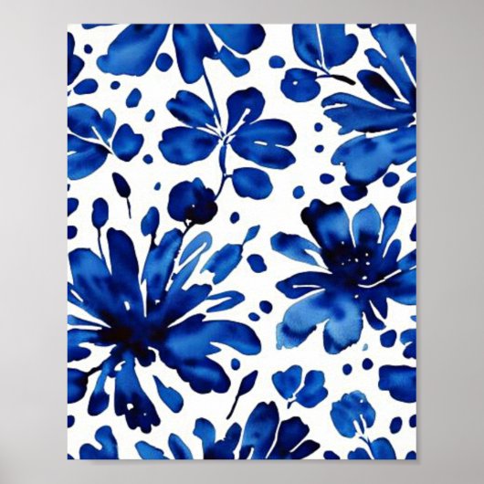 Navy blue flower patroon poster (Voorkant)