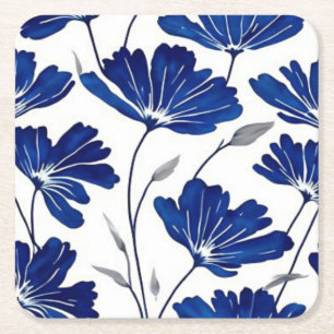 Navy blue flower patroon vierkante kartonnen onderzetter