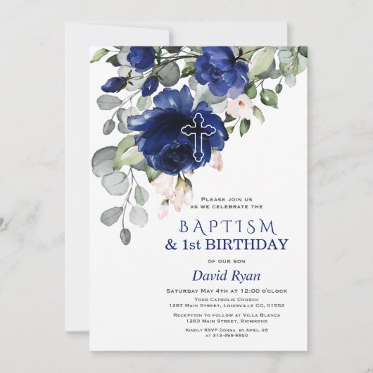 Navy Blue Flowers Baptism 1e verjaardag Kaart (Voorkant)
