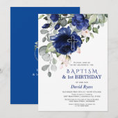 Navy Blue Flowers Baptism 1e verjaardag Kaart (Voorkant / Achterkant)