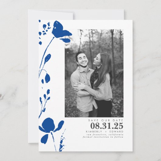Navy Blue Flowers Elegant Save the Date Photo (Voorkant)