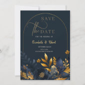 Navy Blue Flowers Gold Leaves Flat Save the Date (Voorkant)