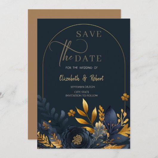 Navy Blue Flowers Gold Leaves Flat Save the Date (Voorkant / Achterkant)