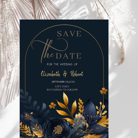 Navy Blue Flowers Gold Leaves Flat Save the Date