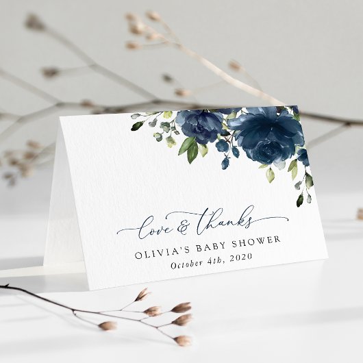 Navy Blue Flowers, Greenery, Boho, Baby shower Bedankkaart