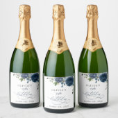 Navy Blue Flowers, Greenery, Boho, Birthday Sparkling Wijnetiket (Flessen)