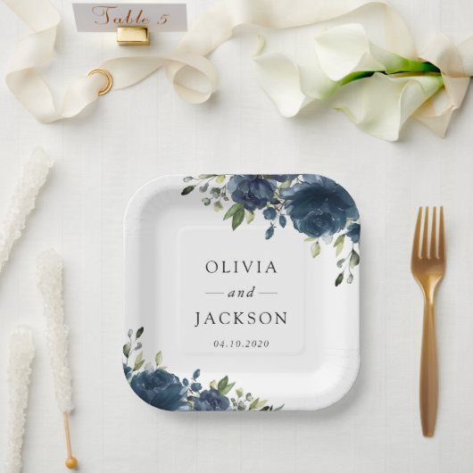 Navy Blue Flowers, Greenery, Boho, Floral Wedding Papieren Bordje (Huwelijk)