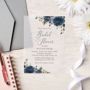 Navy Blue Flowers, Greenery, Boho, Vrijgezellenfee Vellum Uitnodigingen