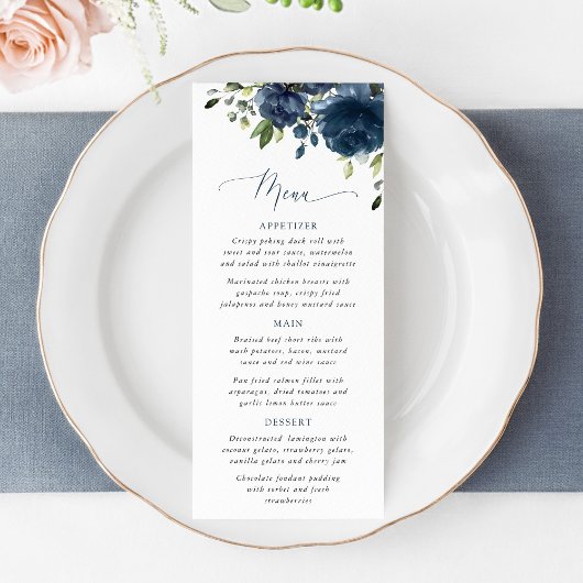 Navy Blue Flowers, Greenery, Bridal Shower Menu