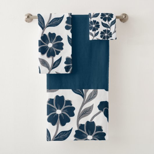 navy blue flowers modern decorative bathroom  bad handdoek (Insitu)