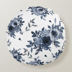 Navy Blue Flowers op White Circular Sierkussen Rond Kussen