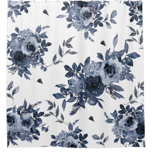 Navy Blue Flowers op White Douchegordijn (Voorkant)