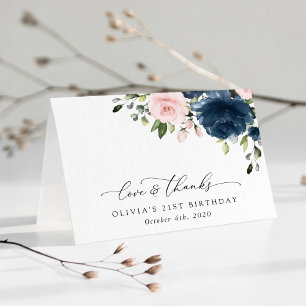 Navy Blue Flowers, Pink Flowers, Boho, Birthday Bedankkaart