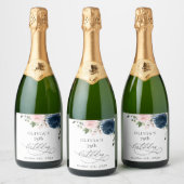 Navy Blue Flowers, Pink Flowers, Boho, Birthday Sparkling Wijnetiket (Flessen)