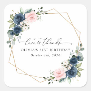 Navy Blue Flowers, Pink Flowers, Boho, Birthday Vierkante Sticker