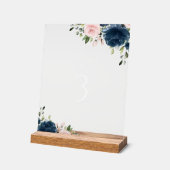 Navy Blue Flowers, roze bloemen, tabelnummers Acryl Bord (Hoek)