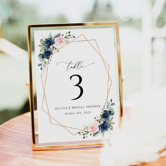 Navy Blue Flowers, roze bloemen, tabelnummers Kaart