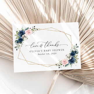 Navy Blue Flowers, Roze Flowers, Baby shower Bedankkaart