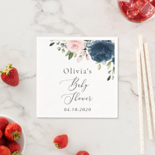 Navy Blue Flowers, Roze Flowers, Baby shower Servet