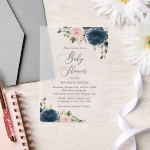 Navy Blue Flowers, Roze Flowers, Baby shower Vellum Uitnodigingen