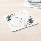 Navy Blue Flowers, Roze Flowers, Baby shower Vierkante Kartonnen Onderzetter (Schuin)