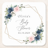 Navy Blue Flowers, Roze Flowers, Baby shower Vierkante Kartonnen Onderzetter (Voorkant)