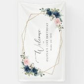 Navy Blue Flowers, Roze Flowers, Birthday Welcome Spandoek (Verticaal)