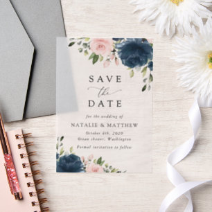 Navy Blue Flowers, Roze Flowers, Floral Wedding Vellum Uitnodigingen