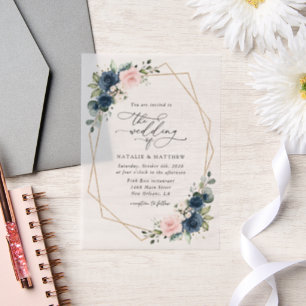Navy Blue Flowers, Roze Flowers, Floral Wedding Vellum Uitnodigingen