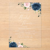 Navy Blue Flowers, Roze Flowers, Vrijgezellenfeest Acryl Uitnodigingen (Voorkant)