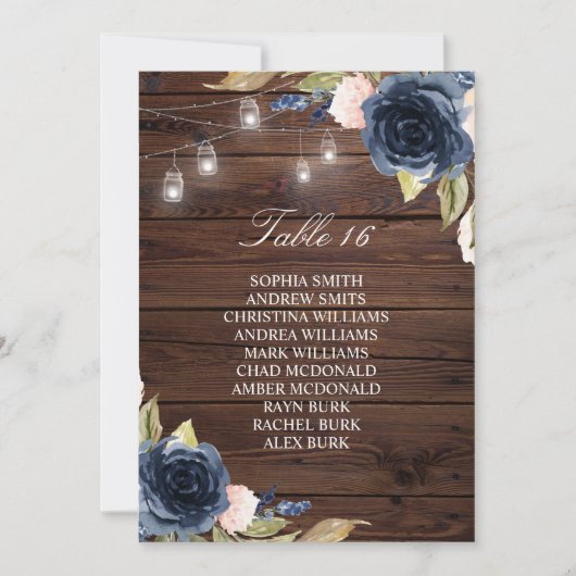 Navy Blue Flowers Rustic Seating Chart Kaart (Voorkant)