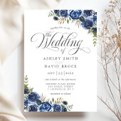 Navy Blue Flowers Waterverf Calligraphy Wedding Kaart