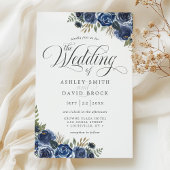 Navy Blue Flowers Waterverf Calligraphy Wedding Kaart