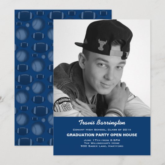 Navy Blue Football Photo Guy Grad Party Invitation (Devant / Derrière)